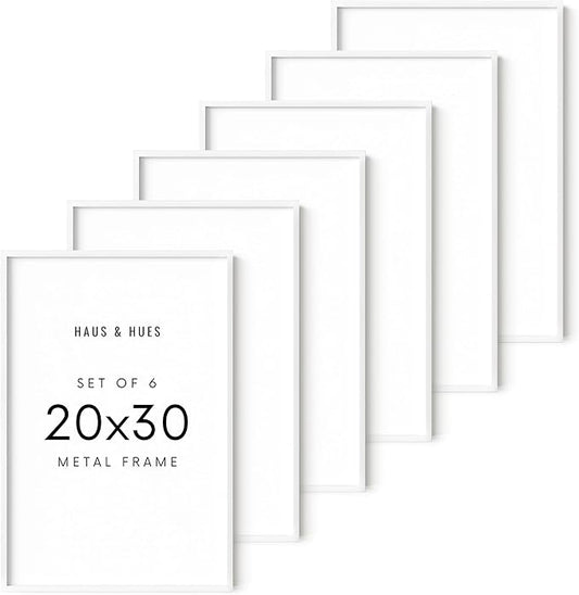 HAUS AND HUES 20x30 White Metal Picture Frames - Features Premium Aluminum, Vertical & Horizontal Hang, Shatterproof Plexiglass - Perfect for Home, Room, Office (20x30 in, White, Set of 6)