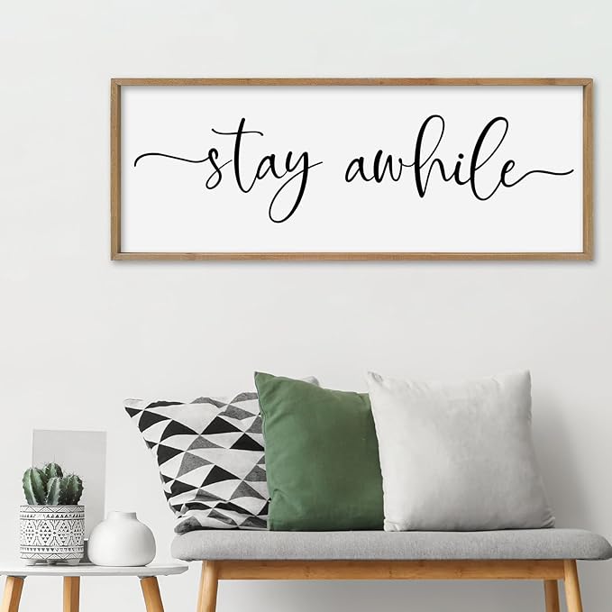 SRSZHIYUE Stay Awhile Sign Wall Decor Art 32"×12" Home Entryway Hallway Signs Large Wood Framed Wall Hanging (Wood)