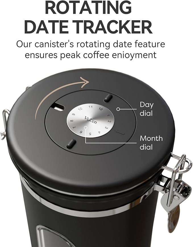 Veken Coffee Canister with Window,Airtight Stainless Steel Container,Home Kitchen Food Storage Organizers for Grounds,Beans,Espresso,Rice,Tea,Sugar,Flour, Cereal,Scoop,Bar Accessories,Gifts,22OZ,Black