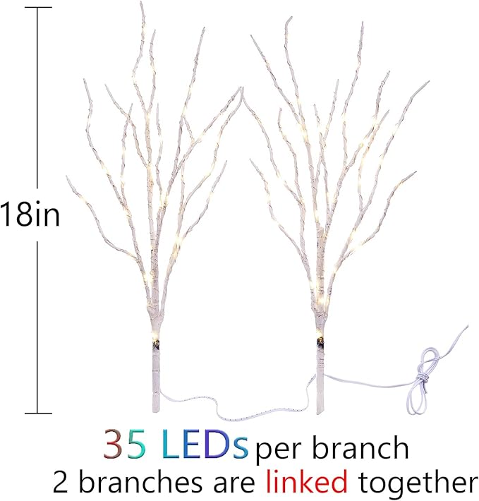 Birchlitland Lighted Birch Branches Battery Operated 18IN 70 LED 8 Function, White or Multiple Colors, Artificial Decorative Branch Lights for Home and Holiday Decoration Indoor Outdoor