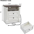 26" Tall Farmhouse Nightstand, 2 Drawers End Table w/Charging Station, 23.6" Wide Large Side Table w/Roman Column, Wood Rustic Sofa Table w/Open Shelf, Bedside Table for Bedroom, White