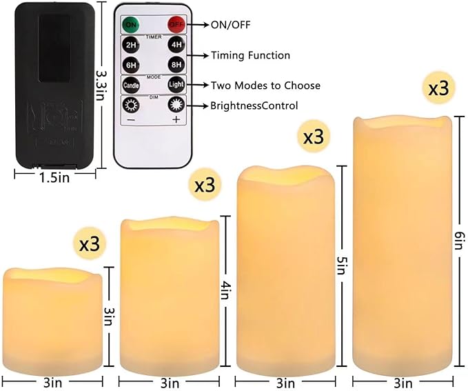 Flameless Battery Operated Outdoor Waterproof Set of 12(D: 3" x H: 3" 4" 5" 6") Pillar LED Candles with 10-Key Remote and Cycling 24 Hours Timer