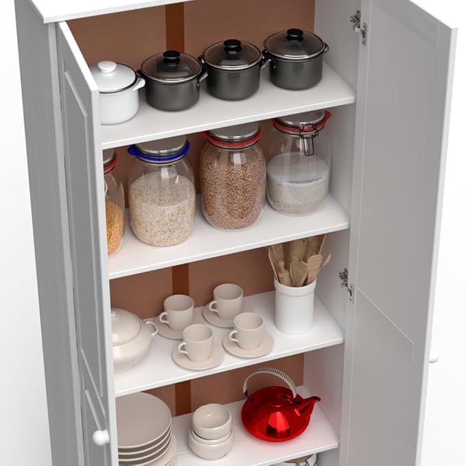Pantry Cabinet Storage Cabinet with 2 Doors Solid Wood - Adjustable Shelves for Kitchen, Dining Room, or Utility Room Organization