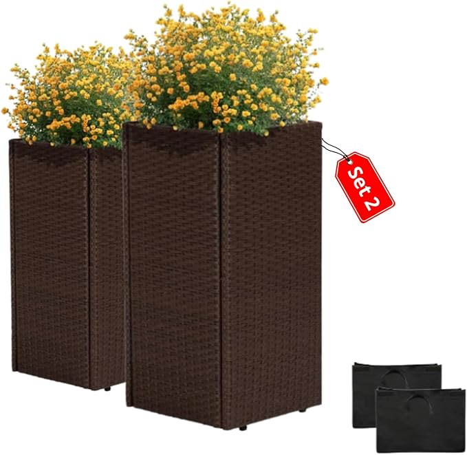 IDZO All-Weather Wicker Planters, Set of 2, 24 in Tall Wicker Planters, Self-Watering with Drainage, Durable PP Material, Raised Garden Bed Alternative, Indoor Outdoor Use, Modern Rattan Design
