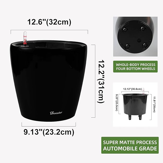 Dexceder 13x12 Self Watering Planter with Wheels Indoor Outdoor, Inner Pot Design, Thickened Large Floor Standing Flower Plant Pot with Water Level Indicator (Black Matte)