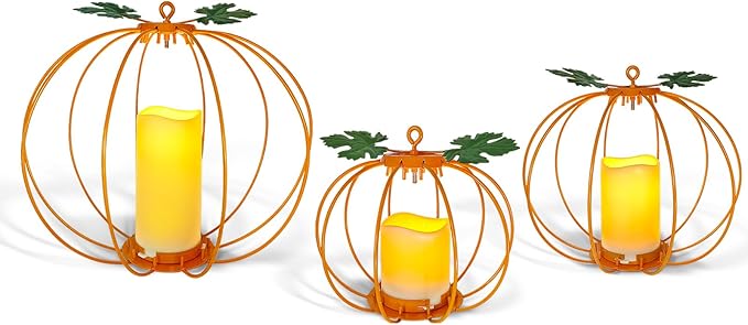 Halloween Metal Pumpkin Candle Holder, 3 Pcs Light up Orange Pumpkin Lantern with LED Flickering Yellow Candle Lights Build in Timer for Thanksgiving Halloween Harvest Fall Home Decor