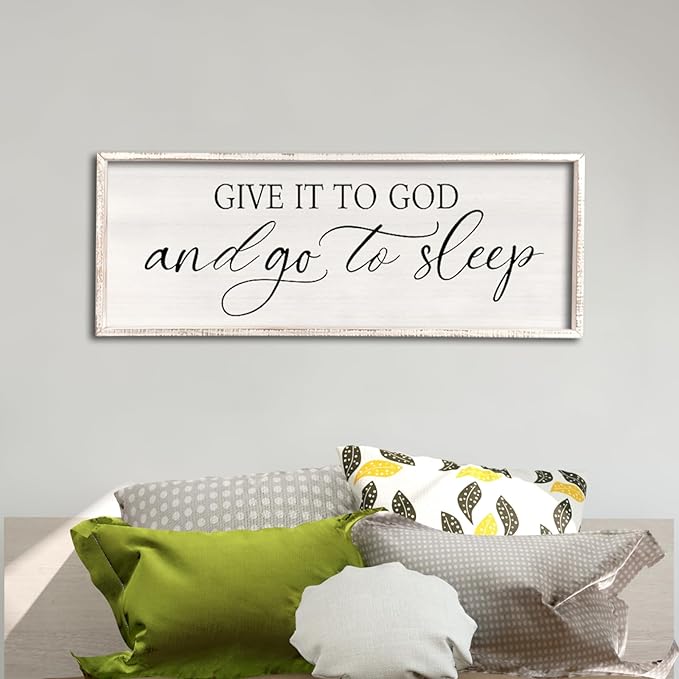 comurdyo Give It To God And Go to Sleep Sign 32''×12'' Master Bedroom Above Bed Wall Decor Wood Framed Couple Large Farmhouse Guest Room Rustic Simple Over Bedside Wall Art Hanging Decor (White)