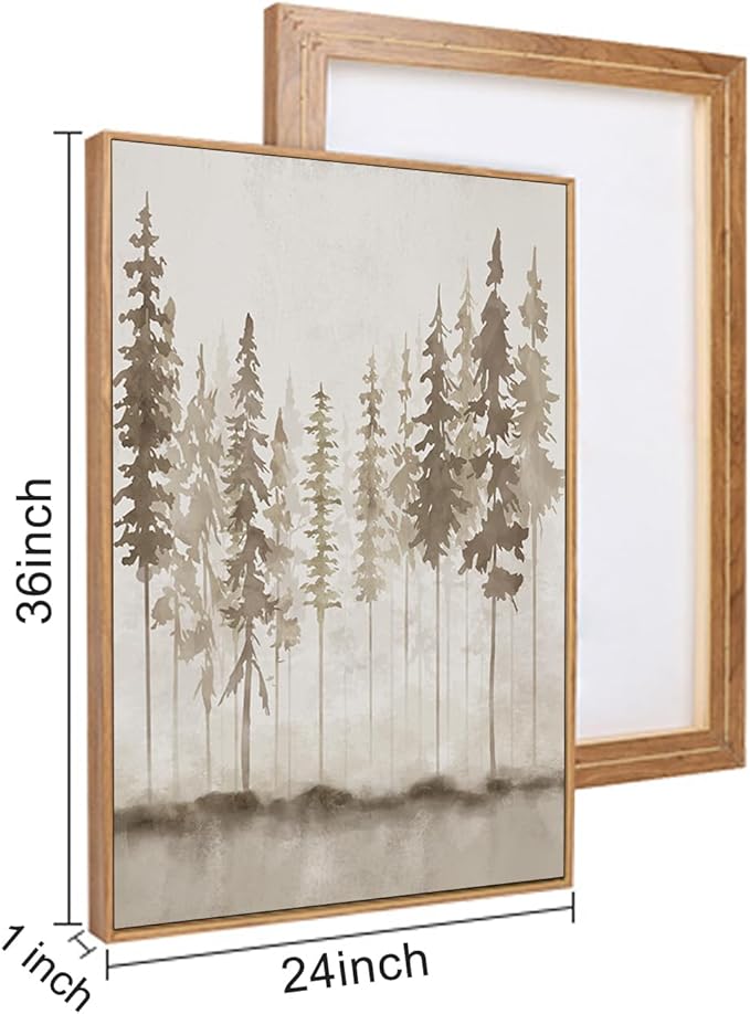 HPINUB Misty Forest Framed Canvas Wall Art Set, Foggy Pine Tree Wall Decor, Pastel Nature Landscape Wall Painting, Evergreen Coniferous Plant Art Print for Living Room, Bedroom, Office-24 x36 x3