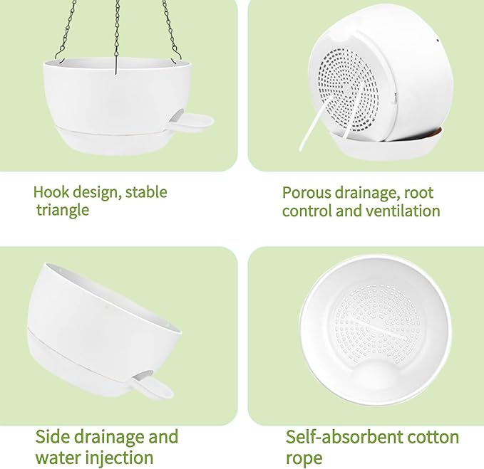2 Pack Hanging Planters for Indoor Outdoor Plants, 8 Inch Self Watering Hanging Pot with Drainage Holes and Saucer, Plastic Plant Pots, White Flower Pots for Kitchen, Balcony, Garden
