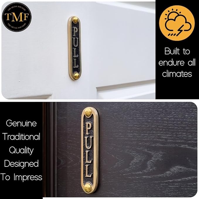 PULL Brass Door Sign. Traditional Style Home Décor Wall Plaque Handmade By The Metal Foundry UK.