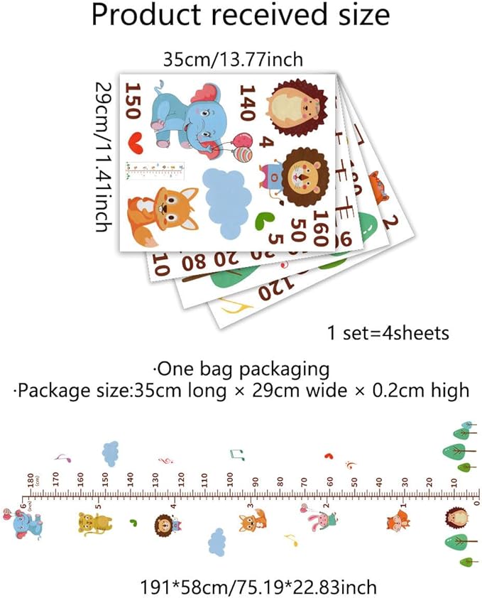 Cartoon Animals Self-adheve Vinyl Nursery Wall Decal Baby Growth Chart Sticker for Bedroom Play Room