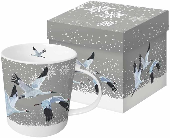 Paperproducts Design Decorative Bone China Mug Gift Box Set - Beverages, Hot, Cold Drinks, Tea – Artistic Designs, Decorated Mugs – 13.5 Ounces, Patti Gay/Two Can Art Snowfall Cranes Design