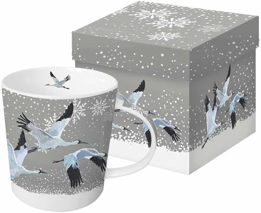 Paperproducts Design Decorative Bone China Mug Gift Box Set - Beverages, Hot, Cold Drinks, Tea – Artistic Designs, Decorated Mugs – 13.5 Ounces, Patti Gay/Two Can Art Snowfall Cranes Design