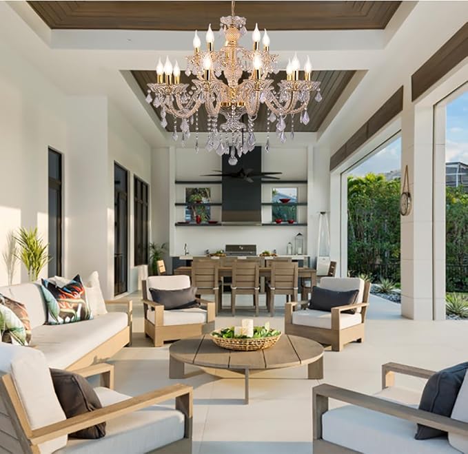 15 Light Crystal Chandelier Double Layer Flush Mount Ceiling Light Fixture with K9 Crystals for Living Room Dining Room Bedroom Luxury Hanging Lamp Lighting Fixtures