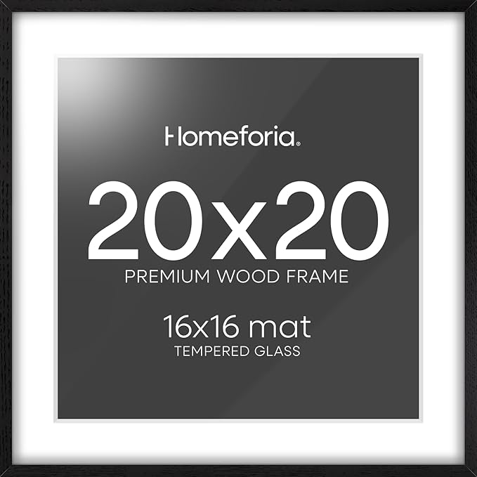 Homeforia 20x20 Black Wood Frame, High End Oak 20 x 20 Square Picture Frames with Mat 16 by 16 inches Photo, 20by20 Black Wooden Poster Frames Matted to 16x16 Print, Tempered Glass, Wall Kit, Set of 1