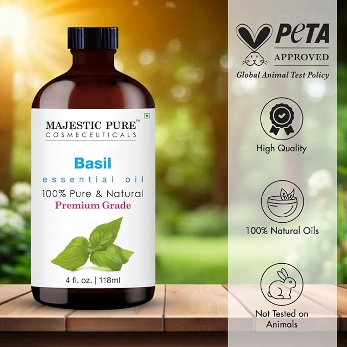 Majestic Pure Basil Essential Oil with Glass Dropper - Huge 4 Fl Oz - 100% Pure and Natural Basil Oil - Premium Grade Essential Oils for Diffuser, Aromatherapy, Soap and Candle Making