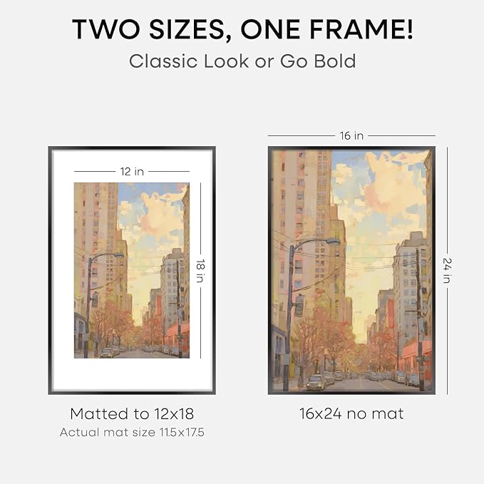 Homeforia 16 x 24 Picture Frame Black, High End Metal 24x16 Poster Frame, 16 x 24 Black Frames Matted to 12 by 18 inch Print, 24by16 Thin Frame with Mat 12x18 Photo, Tempered Glass, Wall Kit, Set of 1