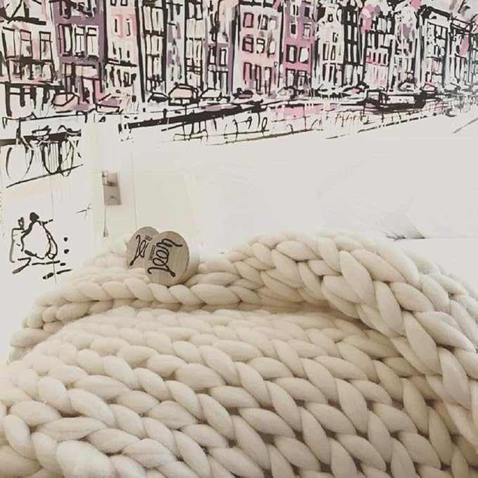Chunky Knit Blanket Hand Made Merino Wool Throw Boho Bedroom Sofa Home Decor Giant Yarn(Ivory White 80"x80")