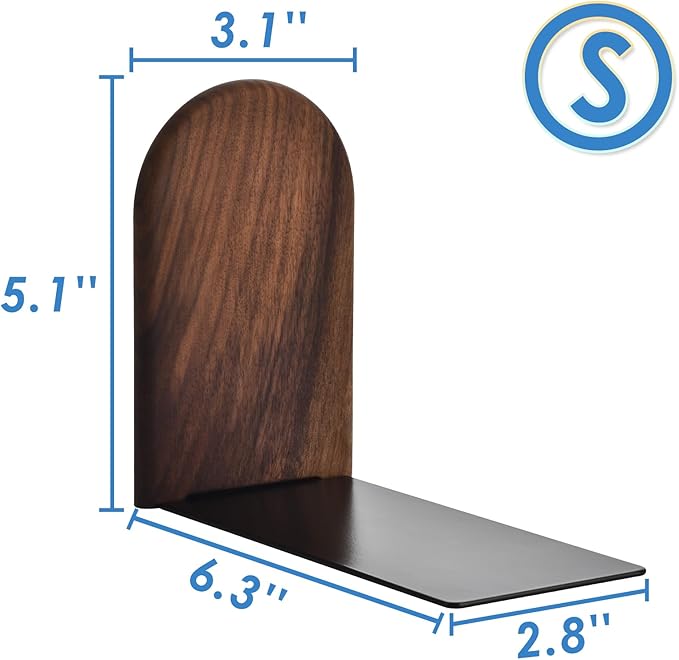 Book Ends, Sturdy Wooden Bookends for Shelves - Heavy Duty Non-Slip Book Organizers, Decorative Bookend Holders for Home Office, Library, Black Walnut Universal Economy Bookend, Small, 1 Pair