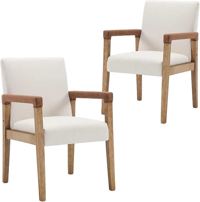 Mid Century Modern Dining Chairs Set of 2 Linen Fabric Upholstered Living Room Side Chair, Kitchen Arm Chair with Solid Wood Legs for Home Kitchen & Restaurant, Linen White
