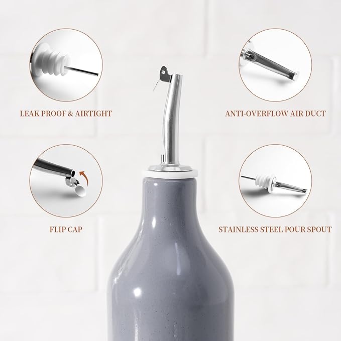 famiware Milkyway 16oz Ceramic Olive Oil Dispenser Bottle, Olive Oil and Vinegar Dispenser Bottle Set of 2 with Stainless Steel Pourers, Suitable for Storage Vinegar, Liquids, Light Gray and Dark Gray
