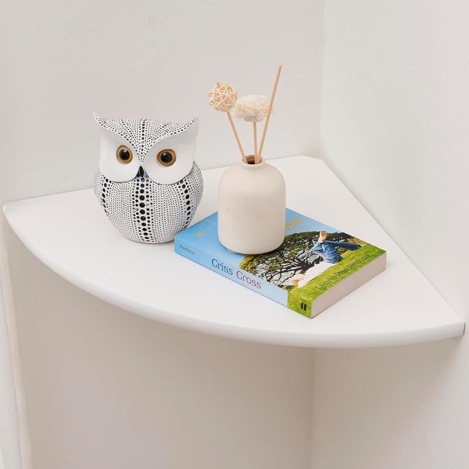 Corner Shelf, White Solid Oak Wood Floating Corner Shelves Wall Mount Round End Floating Speaker Rack Display Shelf for Small Plant Photo Frame (White, 12in)