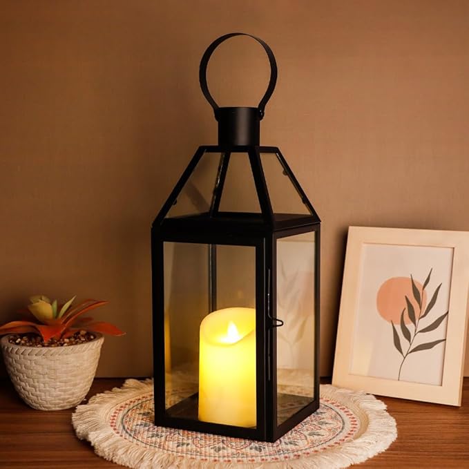 JHY DESIGN Black Decorative Lanterns 16“H Decorative Candle Lantern with Tempered Glass for Indoor Outdoor Events Parities and Weddings