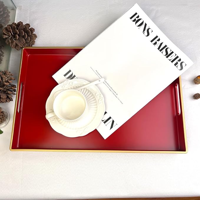 Red Decorative Tray, Rectangular Serving Tray with Handles, Plastic Coffee Table Tray for Ottoman, Living Room, Kitchen Tabletop, 15.6” x 10.2” x1.37”