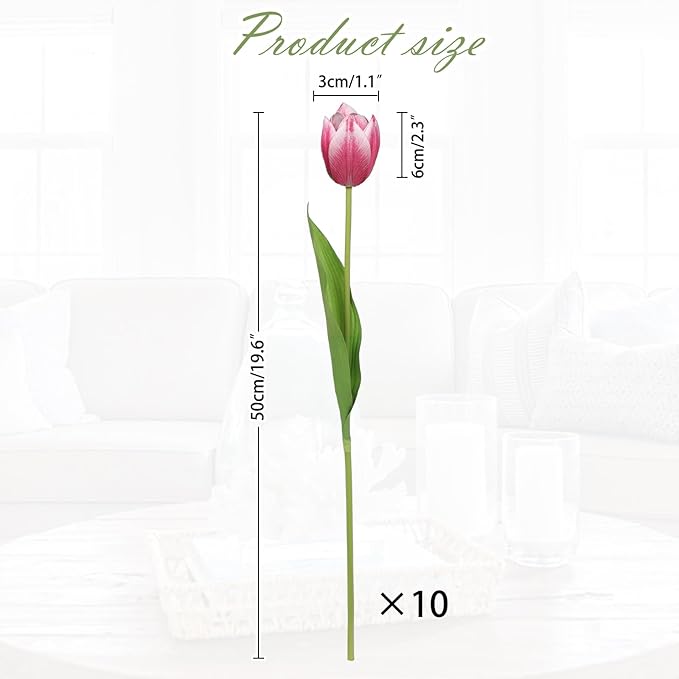 Artificial Tulips Flowers – 20" Long Stem Faux Tulips, 10PCS Real Touch Fake Red Tulip for Vase, Farmhouse, Kitchen, Spring & Wedding Home Decor