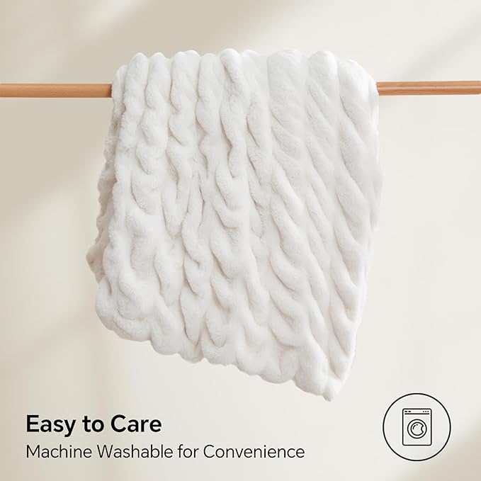 BEDELITE Faux Fur Throw Blanket for Couch, Soft and Cozy Boho Ruched Fluffy Blanket, Warm Plush Fuzzy Faux Rabbit Fur Blanket for Women Gift (Cream, 50"x 60")