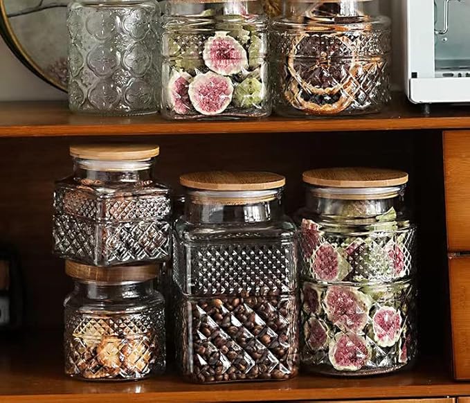 Large Glass Storage Jar, 60 FL OZ Glass Food Storage Containers with Bamboo Lid, Kitchen Containers Cereal Canisters Decorative Jar for Candy Snack Cookies Coffee Tea Nuts Airtight Glass Jars (Square)