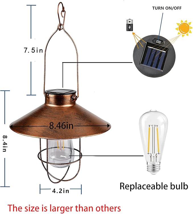 pearlstar Solar Lantern Outdoor Hanging Light Metal Farmhouse Solar Lamp with Warm White Edison Bulb Design for Garden Yard Patio Porch Decor (Brushed Copper)