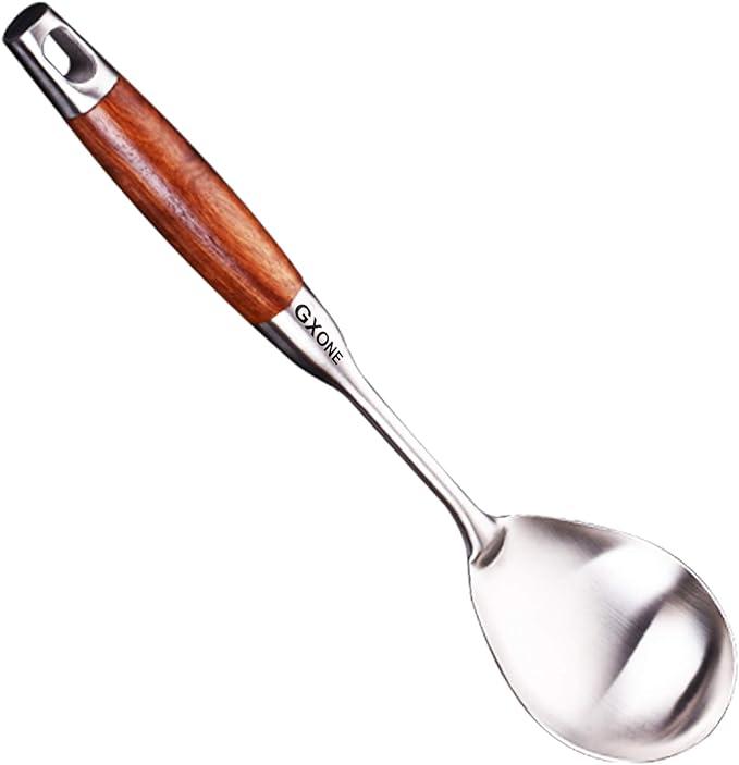 Large Serving Spoons,304 Stainless Steel Cooking Spoon with Heat Resistant Wooden Handle,Silver/12.4Inch