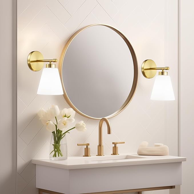 Hamilyeah Gold Sconces Wall Lighting Set of Two with Frosted Glass Shade, Industrial Bathroom Lighting Fixture with Milk Shade, Modern Brass Vanity Sconce Lighting for Bedroom, Living Room