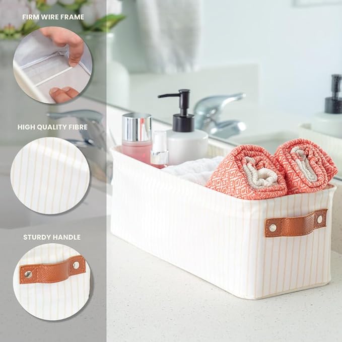 OrganiHaus Narrow Storage Bins 15x06in, Small Closet Bins for Shelves, Bathroom Storage Baskets, Narrow Baskets, Fabric Organizer with Handles, Toilet Paper Organizer - 2 Pack, White w/Brown Stripes