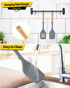 Pack of 2 Large Silicone Spatula, Heat Resistant Solid Turner, Non Stick Slotted Spatulas with Wooden Handle, Ideal Kitchen Utensils for Flipping, Pancakes, Eggs, Fish(GRAY)