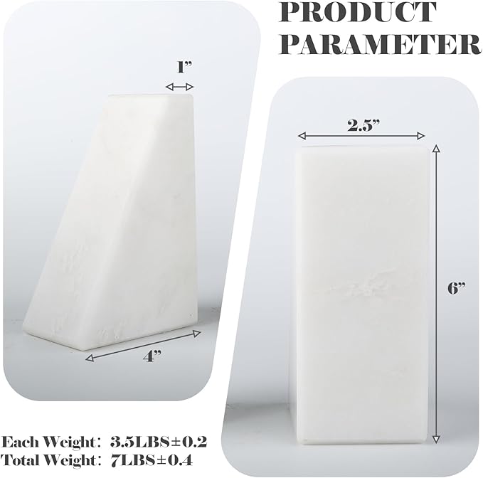 Marble Book Ends Decorative, Unique Bookends for Shelves, White Stone Bookends Holds Heavy Books, Weighted Book Holder Stopper for Home Office Desk Bookshelf Decoration, Set of 2