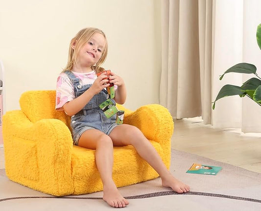 Kids Chairs for Toddler, 2-in-1 Toddler Soft Sherpa Couch Fold Out, Convertible Sofa to Lounger for Girls and Boys, Halloween Decor, Yellow