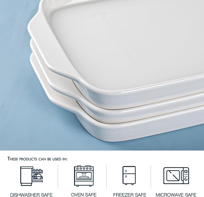Dizada Large Serving Platter with Handles, 16" x 9" Porcelain Serving Tray, White Rectangular Platters for Entertaining & Serving Food, Serving Trays for Party, Appetizer, Charcuterie - Set of 3