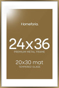 Homeforia 24x36 Picture Frame Bronze, High End Metal 24 x 36 Large Poster Frames with Mat 20 by 30 Photo, 24x36 Brass Frame Matted to 20x30 Print, 36x24 Thin Frames, Tempered Glass, Wall Kit, Set of 1