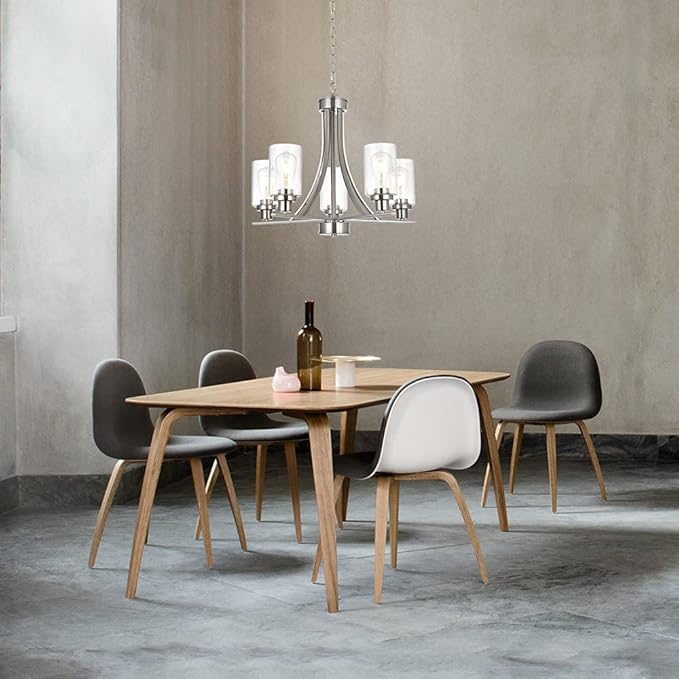 BONLICHT Traditional Chandelier Lighting 5 Light Brushed Nickel Modern Light Fixtures Hanging Pendant Lighting with Clear Glass Shade Classic Ceiling Lights for Kitchen Dining Room Living Room Island