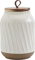 TTU Tabletops Gallery Ceramic Canister Collection- Stoneware Designed Kitchen Storage Embossed Acacia Wood White Set, 3 Piece Embossed Ziggy White Canister Set