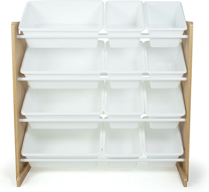 Humble Crew Kids Toy Storage Organizer with 12 Plastic Bins, Natural Wood/White – Removable Bins for Playroom, Bedroom, Toddler Furniture for Boys and Girls Ages