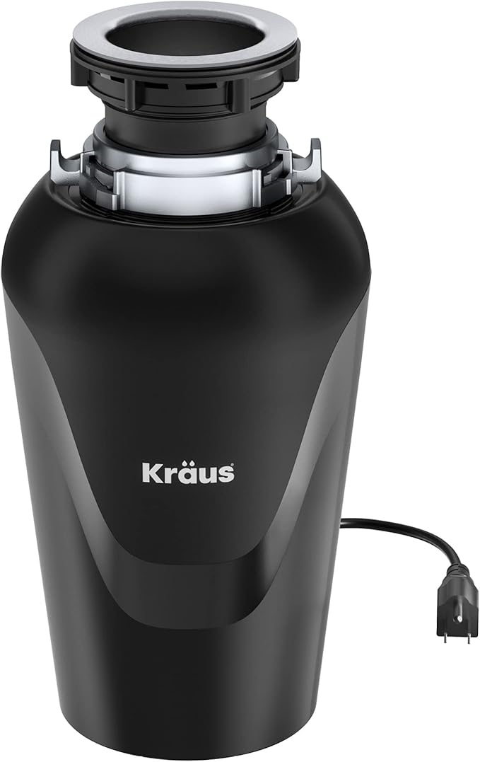KRAUS WasteGuard 3/4 HP Ultra-Quiet Garbage Disposal with Quick Connect, Kitchen Sink Drain Cover, Power Cord and Flange Included, KWD100-75MBL