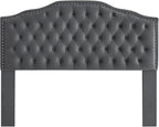 24KF Upholstered Button Tufted Queen/Full Size Headboard with Nailhead Trim, Soft Velvet Fabric - Dark Gray