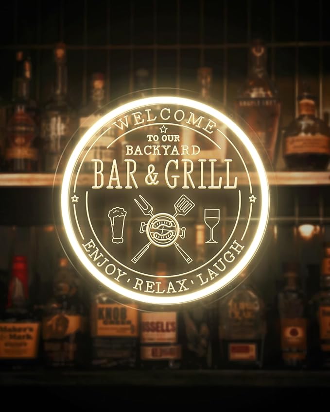 Bar & Grill Neon Sign for Home Bar Wall Art Decor, Dimmable LED Neon Lights Bar and Grill Signs for Backyard Patio Garden Yard BBQ Birthday Party, Grilling Light Up Sign for Housewarming Gifts