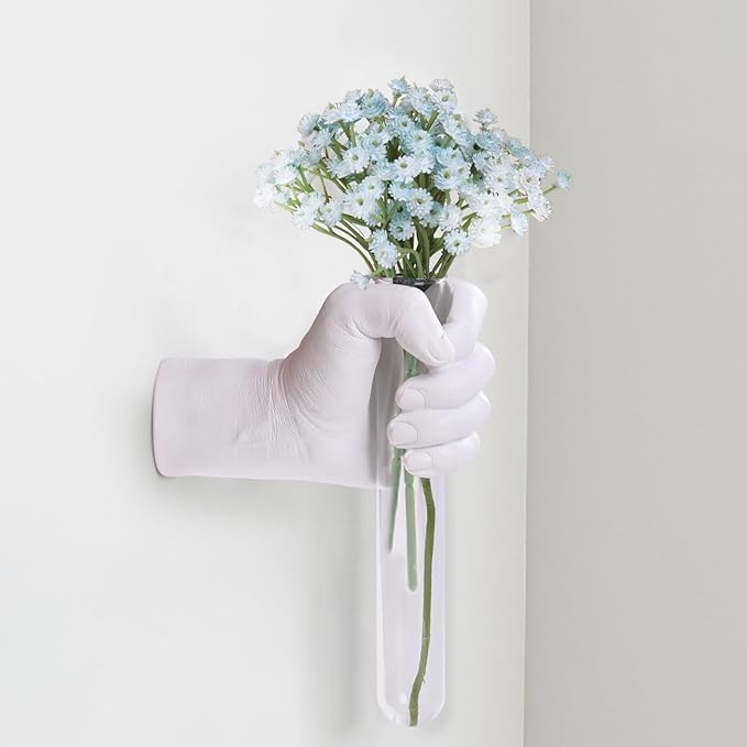 Creative Wall Hanging Sculpture, Funky White Hand Vases Home Decor, Artistic Hanging Hand Sculptures with Test Tube Vases, Unique Wall Art Statue