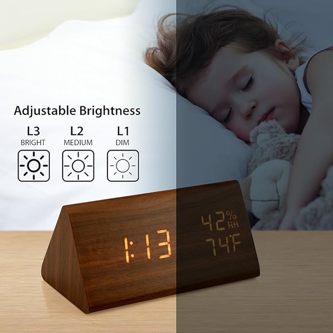 OCT17 Wooden Alarm Clock, Smart LED Digital Clock for Bedroom/desks, Upgraded with Time Temperature, Adjustable Brightness and Voice Control, Humidity Displaying - Brown