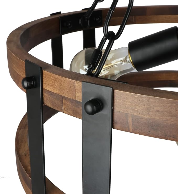 Farmhouse Rustic Wood Chandelier, 4-Light Industrial Drum Chandelier for Dining Room Vintage Pendant Hanging Light Fixture with Black Metal Accent for Kitchen Living Room Dining Area