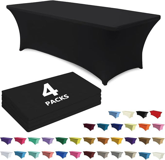 ABCCANOPY 4 Pack 8 FT Black Spandex Table Cover Stretch Fitted Wrinkle Resistant Tablecloth Reuse for Rectangular Folding Table Patry Event Wedding Banquet Protector